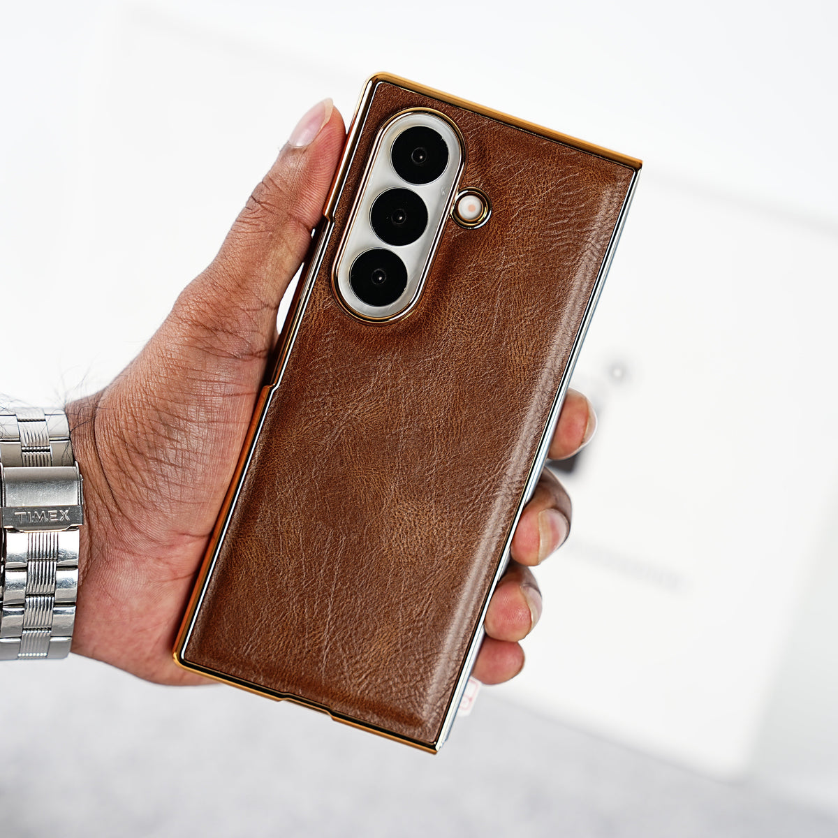 Samsung Galaxy Z Fold 8 Ultra PU Leather Chrome Plated Front Screen Protector Case Cover