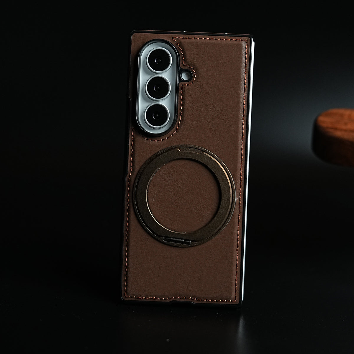 Stitched Leather Texture Cover for Galaxy Z Fold 8 Ultra | Metal Ring Stand Case