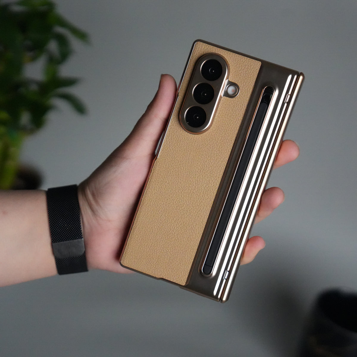 Samsung Galaxy Z Fold 5 Leather Texture front Glass Protection Hinge Case Folding Cover