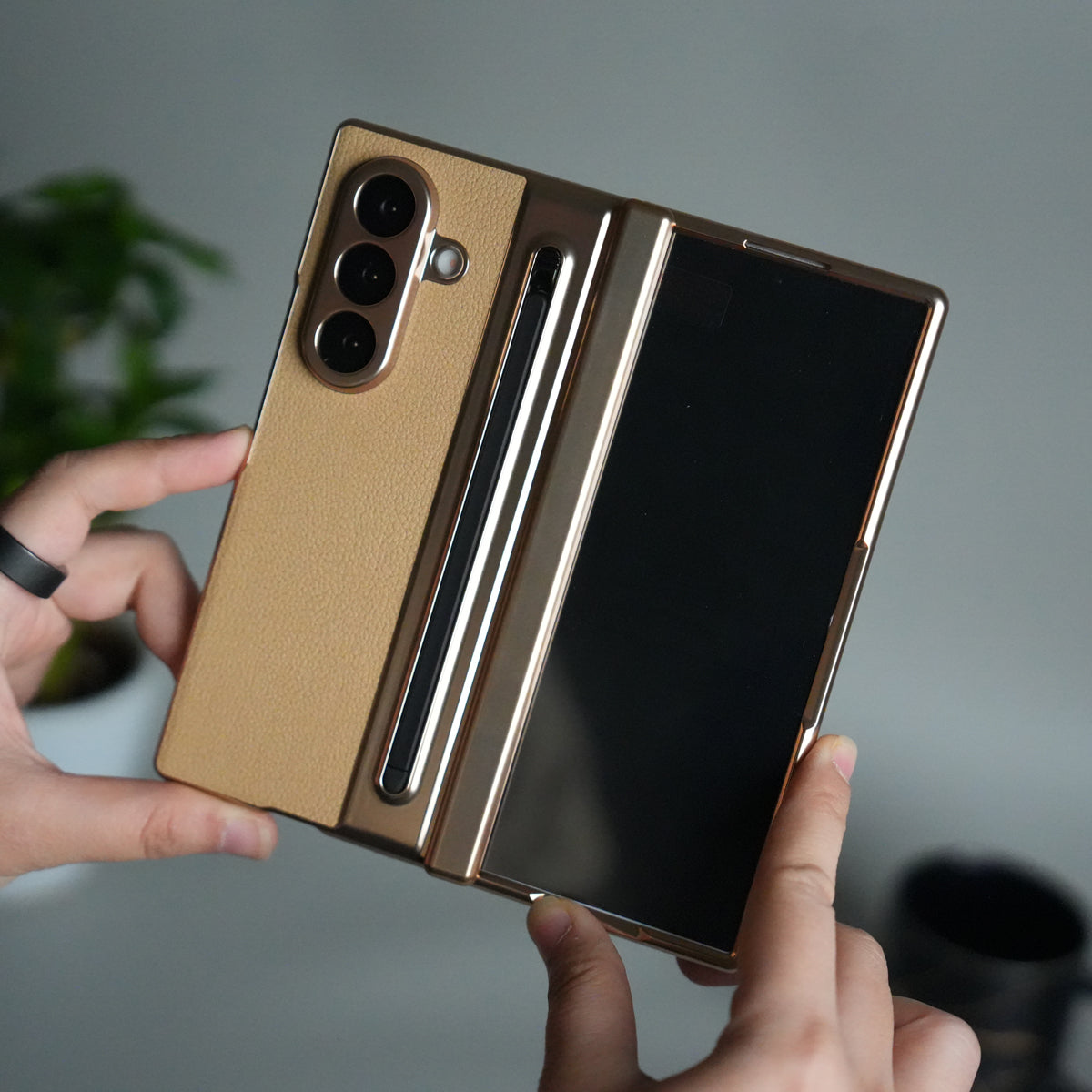 Samsung Galaxy Z Fold 5 Leather Texture front Glass Protection Hinge Case Folding Cover