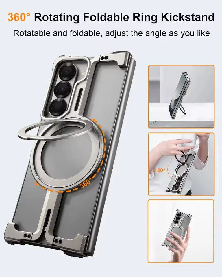 Galaxy Fold 6 Metal Frameless Bumper Case With Rotating Stand