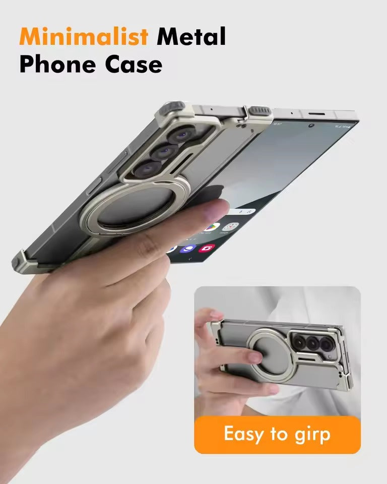 Galaxy Fold 6 Metal Frameless Bumper Case With Rotating Stand
