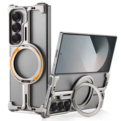 Galaxy Fold 6 Metal Frameless Bumper Case With Rotating Stand