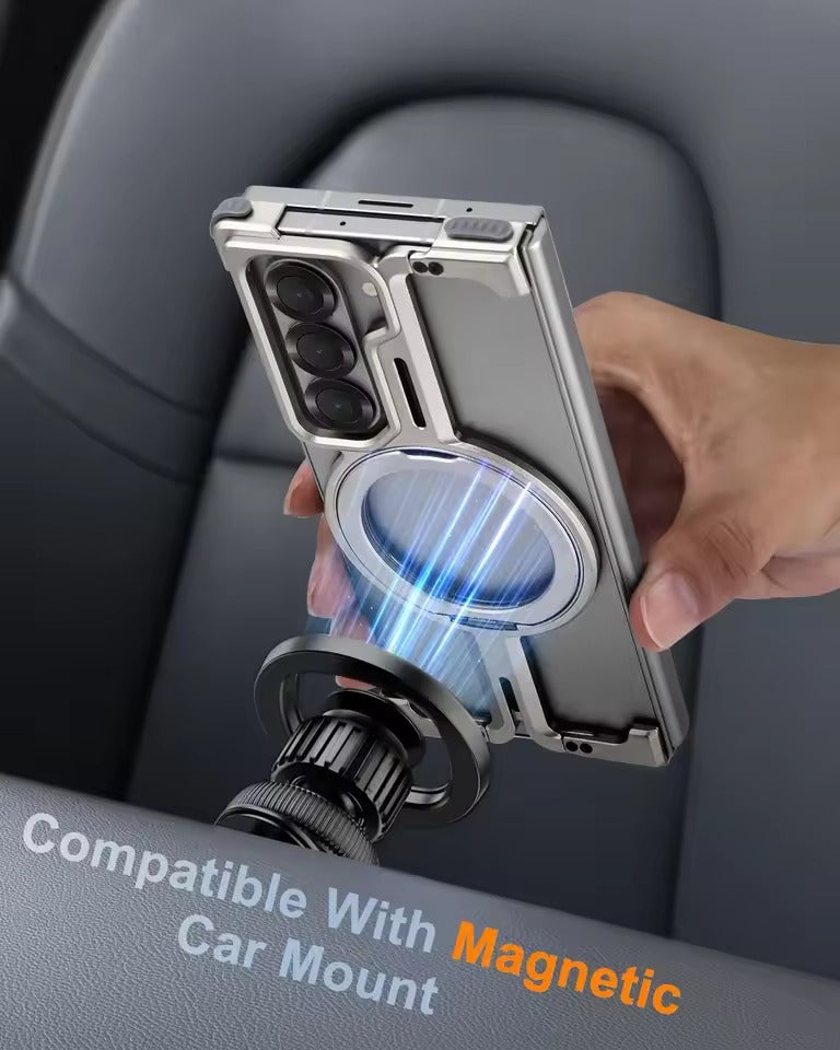 Galaxy Fold 6 Metal Frameless Bumper Case With Rotating Stand