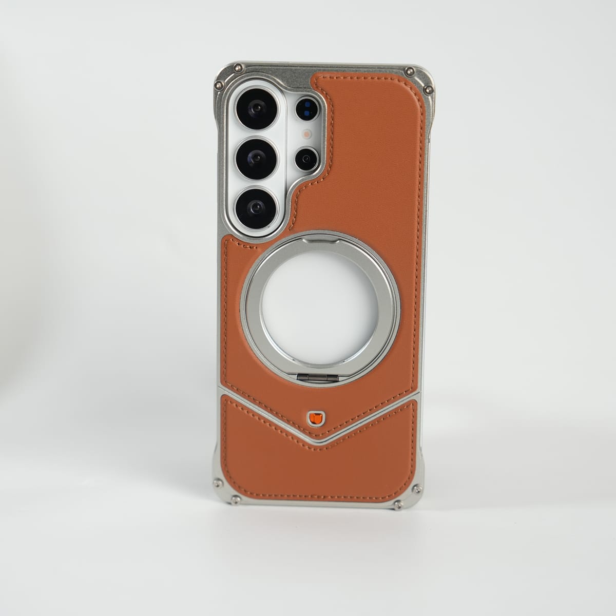 FRATO Aeroflex Metal Brown Galaxy S26 Ultra Premium Leather Aluminium Metal Snap On Rotating Stand case