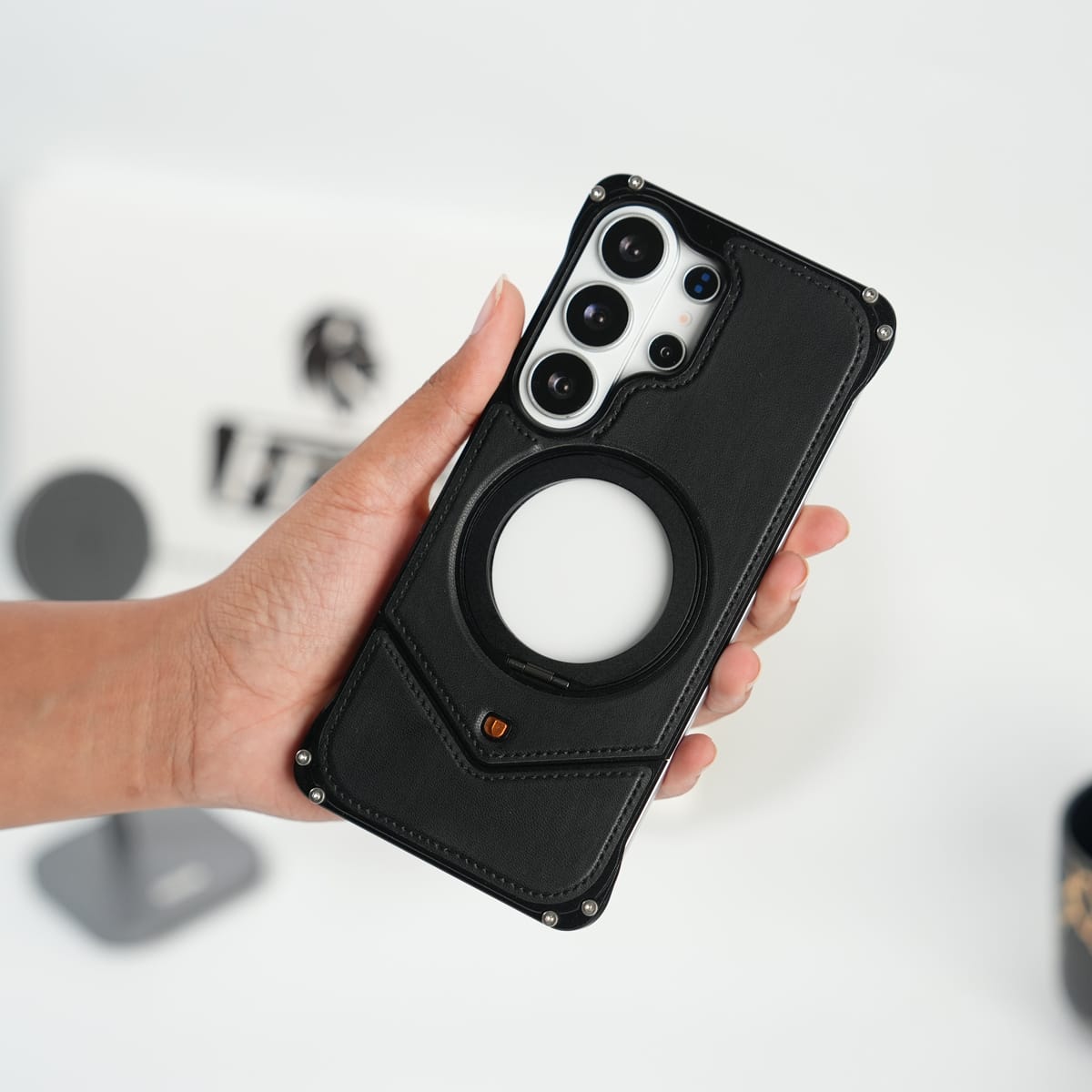 FRATO Aeroflex Metal Galaxy S26 Ultra Premium Leather Aluminium Metal Snap On Rotating Stand case