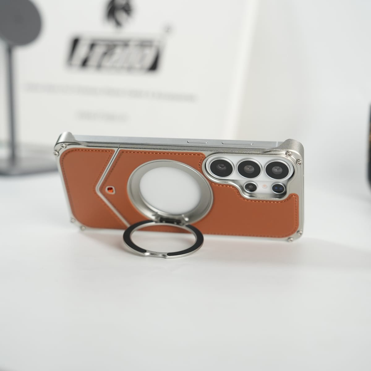 FRATO Aeroflex Metal Galaxy S26 Ultra Premium Leather Aluminium Metal Snap On Rotating Stand case
