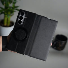 FRATO Fold 7 Collection Black Galaxy Z Fold 7 Luxury Leather Rotating Ring Stand Case