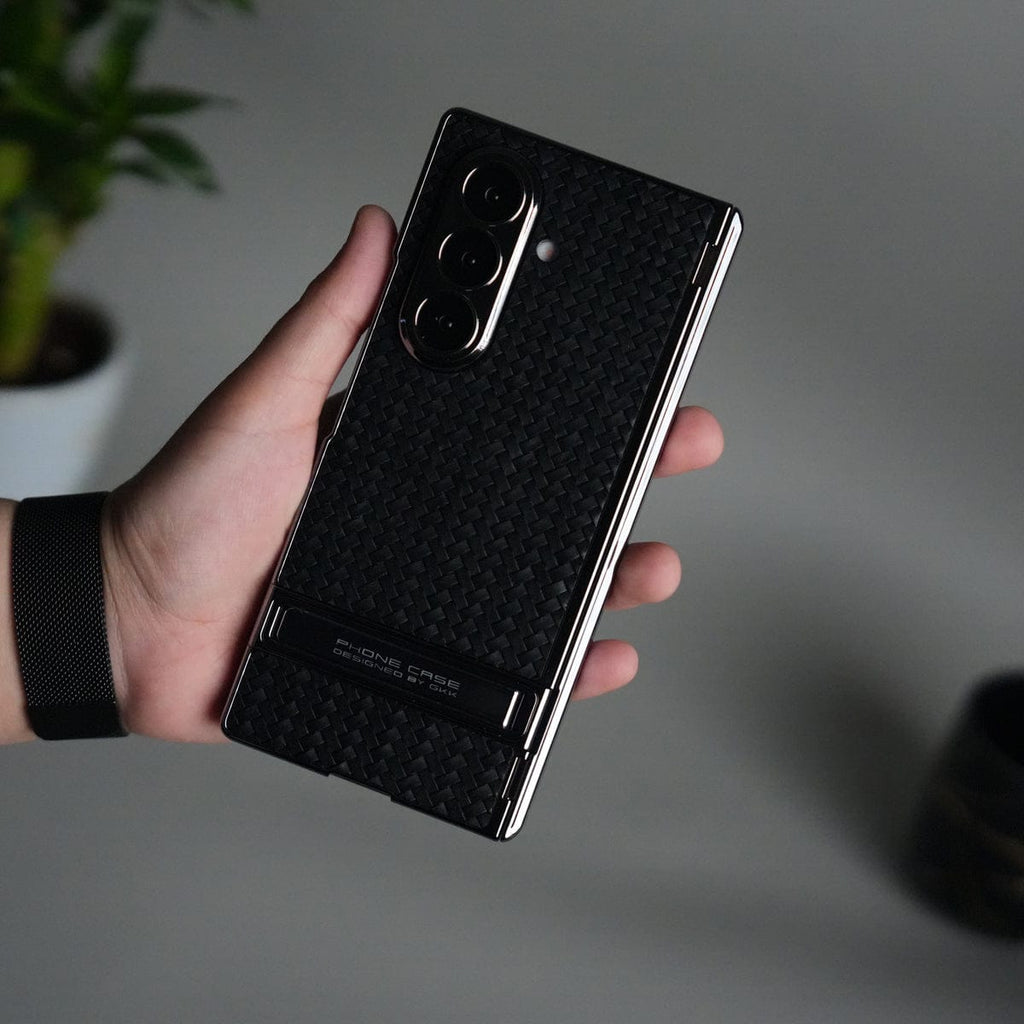 Galaxy Z Fold 7 PU Weave Leather Chrome Kick Stand Back Cover | Front Glass Protection
