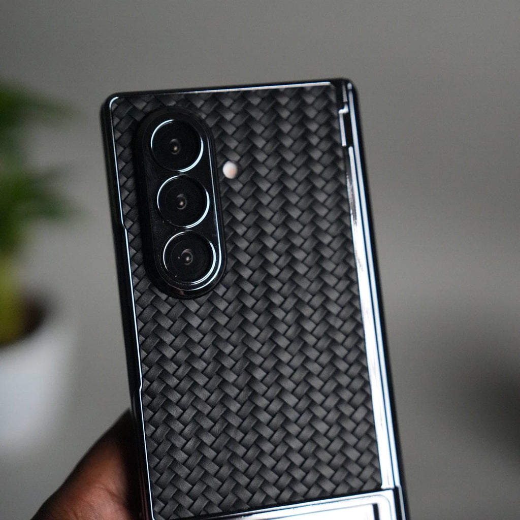 Galaxy Z Fold 7 PU Weave Leather Chrome Kick Stand Back Cover | Front Glass Protection