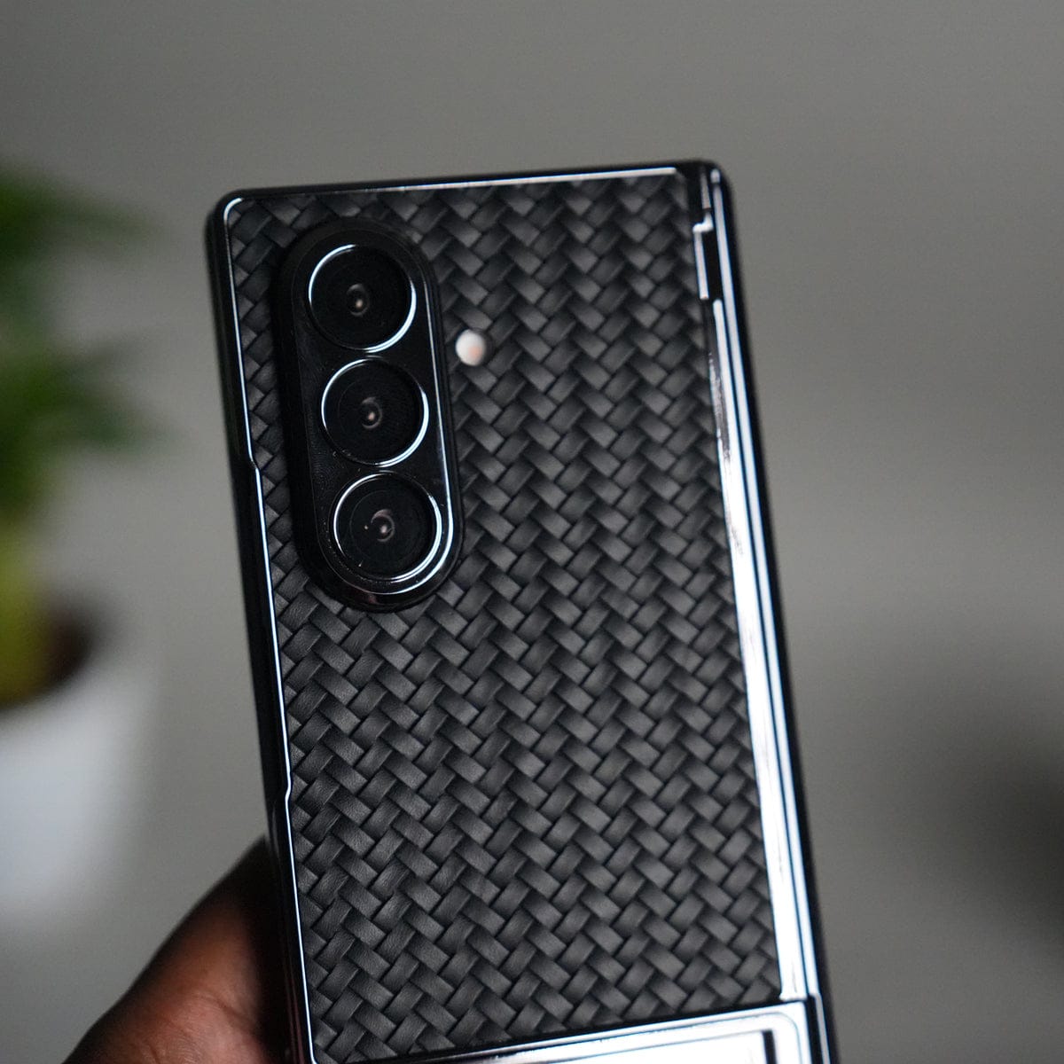 Galaxy Z Fold 7 PU Weave Leather Chrome Kick Stand Back Cover | Front Glass Protection
