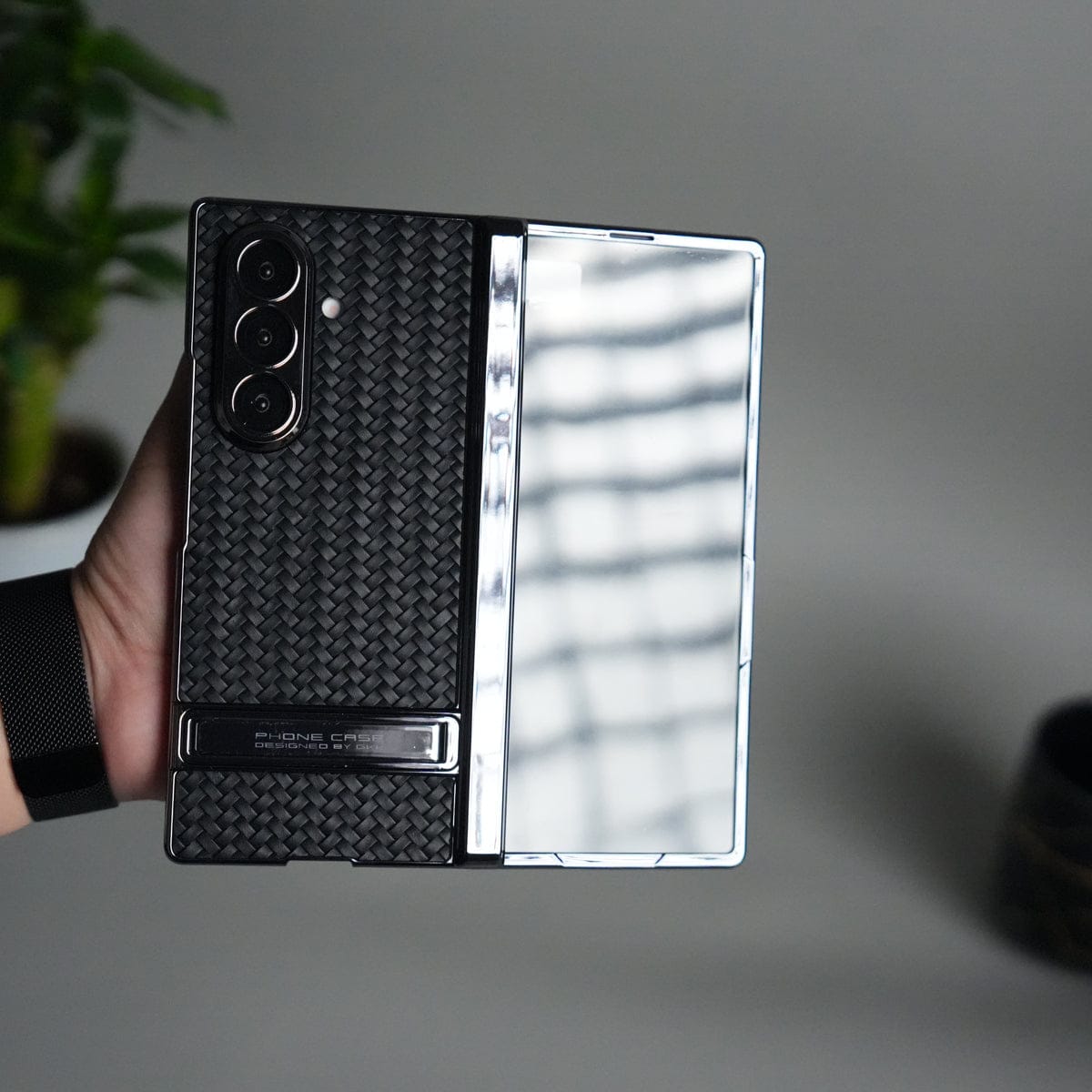 Galaxy Z Fold 7 PU Weave Leather Chrome Kick Stand Back Cover | Front Glass Protection