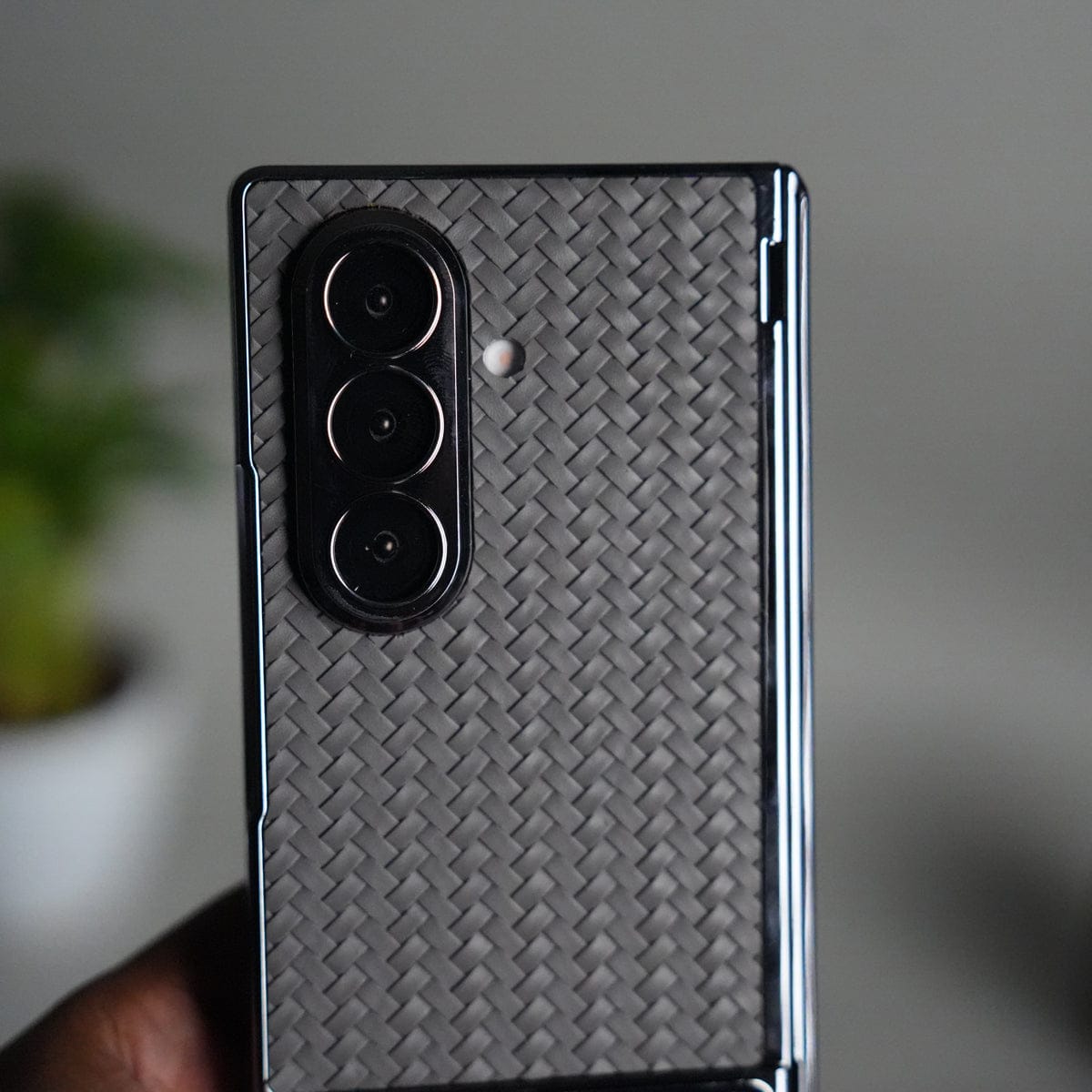 Galaxy Z Fold 7 PU Weave Leather Chrome Kick Stand Back Cover | Front Glass Protection