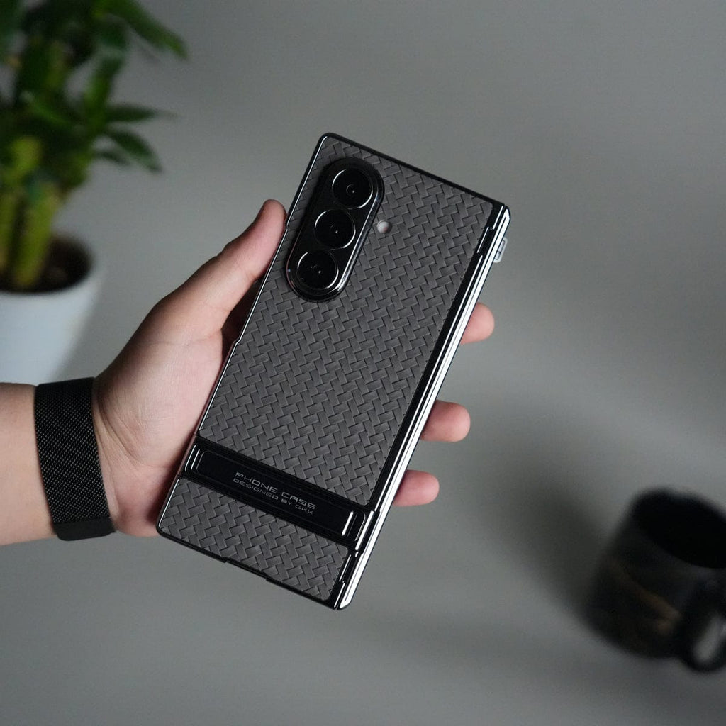 Galaxy Z Fold 7 PU Weave Leather Chrome Kick Stand Back Cover | Front Glass Protection