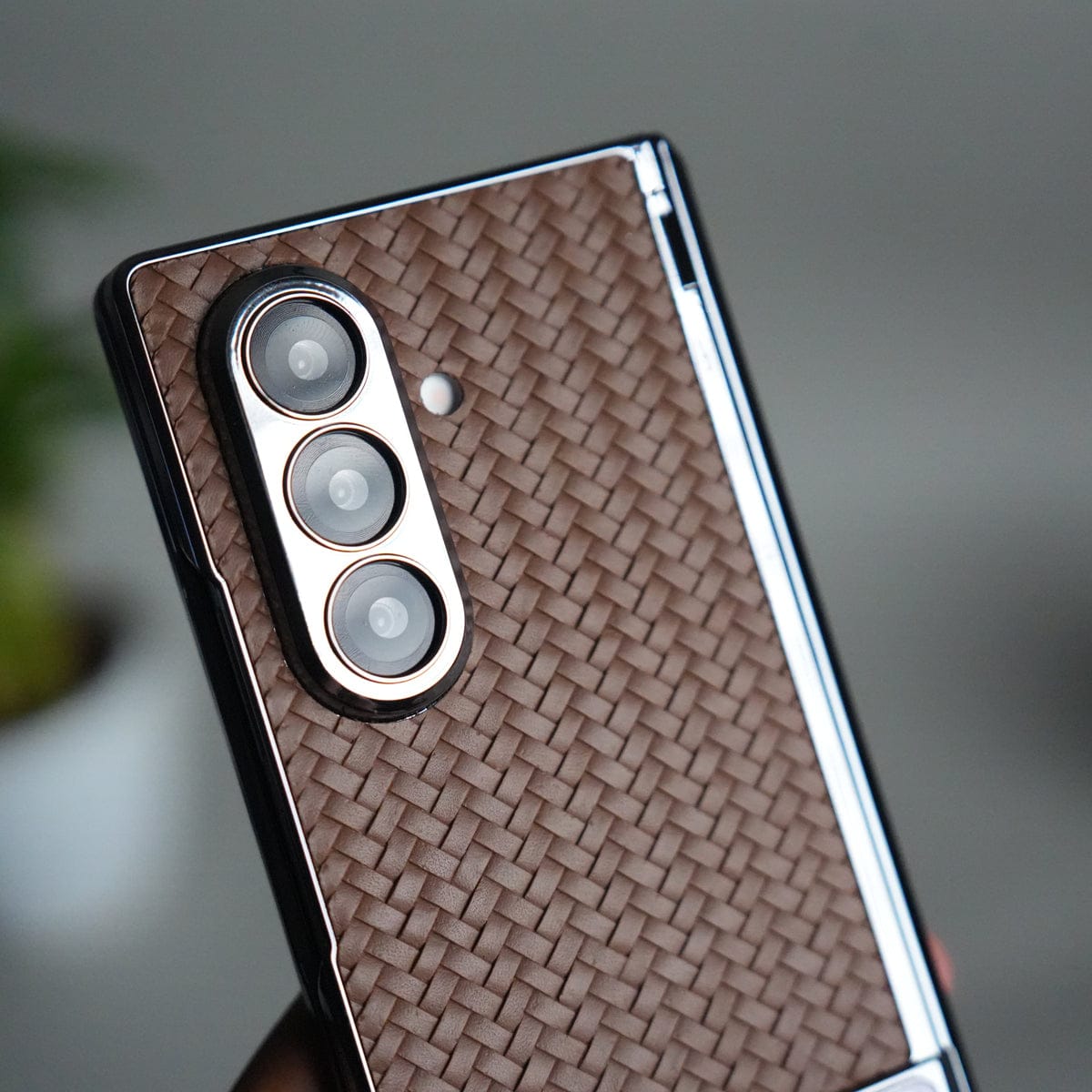 Galaxy Z Fold 7 PU Weave Leather Chrome Kick Stand Back Cover | Front Glass Protection